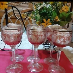 Set 6 Vintage Cranberry Etched Handarbeit Gescha Crystal Champagne Coupes.